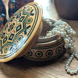 Vintage Hungarian Folk Art Wooden Circular Trinket Box Collectors Home Decor